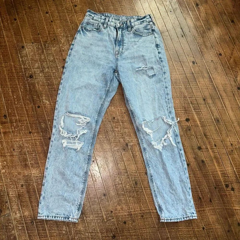 American Eagle light wash destroyed relaxed mom jeans